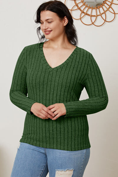 Basic Bae Full Size Ribbed V-Neck Long Sleeve T-Shirt - Charming Charlie