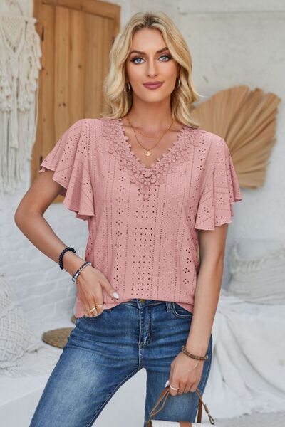 Eyelet Applique V-Neck Cap Sleeve T-Shirt - Charming Charlie