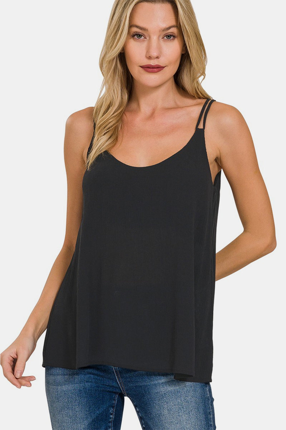 Zenana Woven Double Spaghetti Strap V-Neck Cami - Charming Charlie
