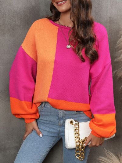 Color Block Round Neck Sweater - Charming Charlie