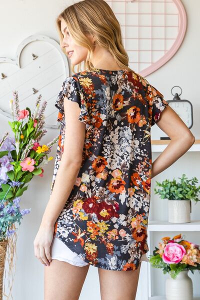 Heimish Full Size Ruffled Floral Round Neck Cap Sleeve Blouse - Charming Charlie