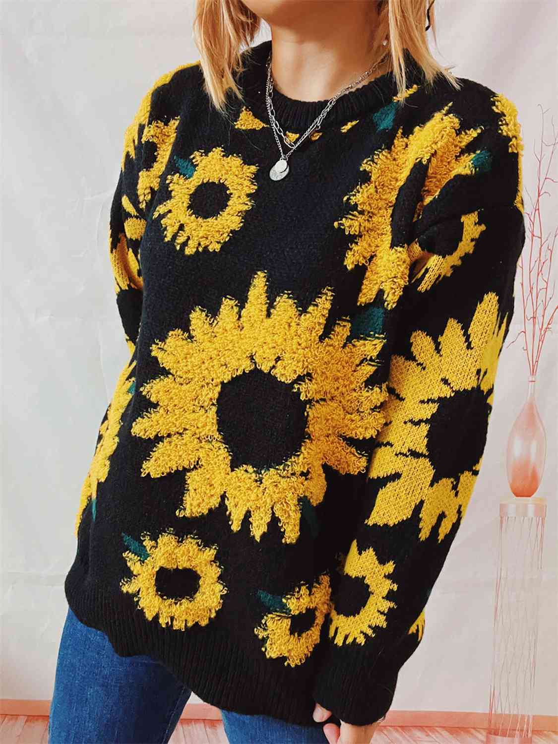 Sunflower Dropped Shoulder Long Sleeve Sweater - Charming Charlie