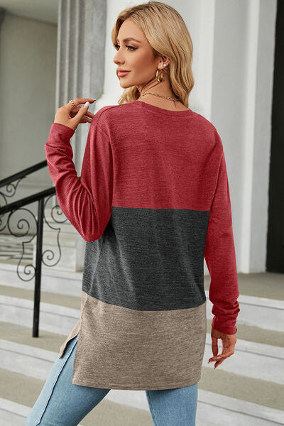 Color Block Round Neck Long Sleeve T-Shirt - Charming Charlie