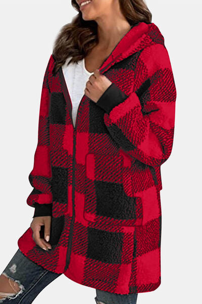 Double Take Full Size Plaid Long Sleeve Hooded Coat - Charming Charlie