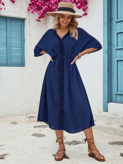 Frill Slit V-Neck Three-Quarter Sleeve Dress - Charming Charlie