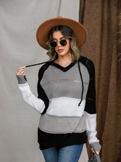 Eyelet Color Block Hooded Sweater - Charming Charlie