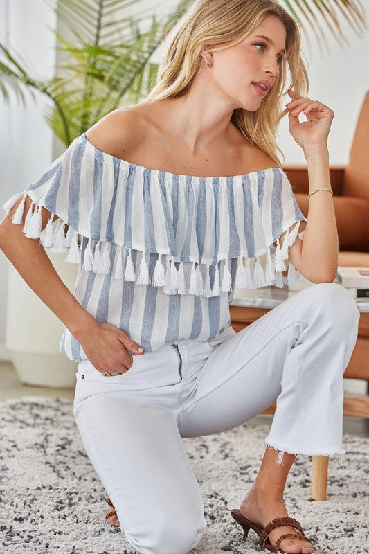 Woven Stripe Blouse With Tassel Details - Charming Charlie