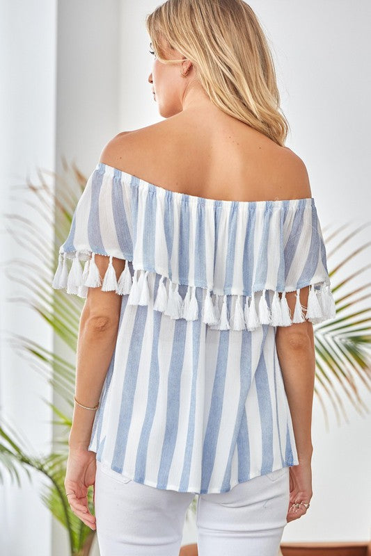 Woven Stripe Blouse With Tassel Details - Charming Charlie