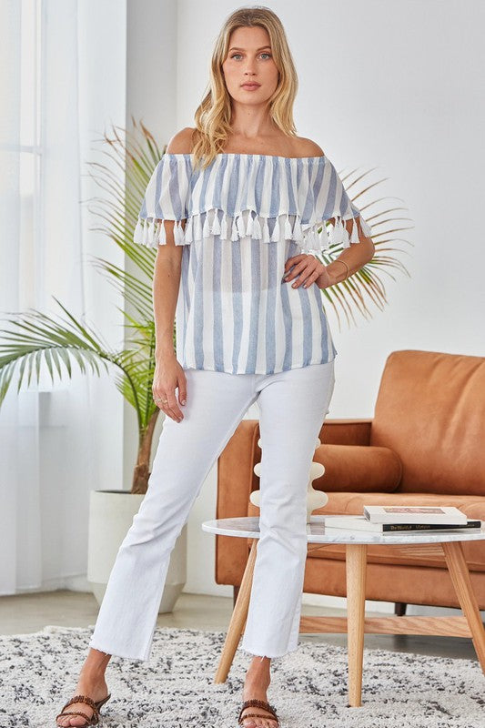 Woven Stripe Blouse With Tassel Details - Charming Charlie