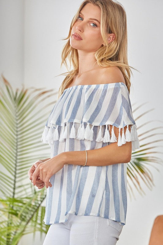 Woven Stripe Blouse With Tassel Details - Charming Charlie
