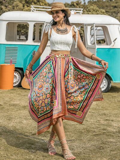 Printed High Waist Handkerchief Hem Skirt - Charming Charlie