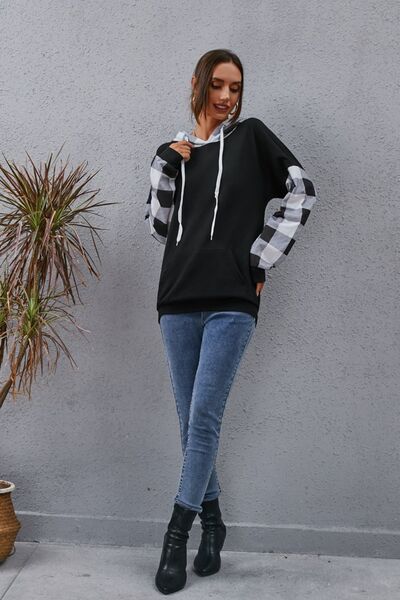 Plaid Drawstring Dropped Shoulder Hoodie - Charming Charlie