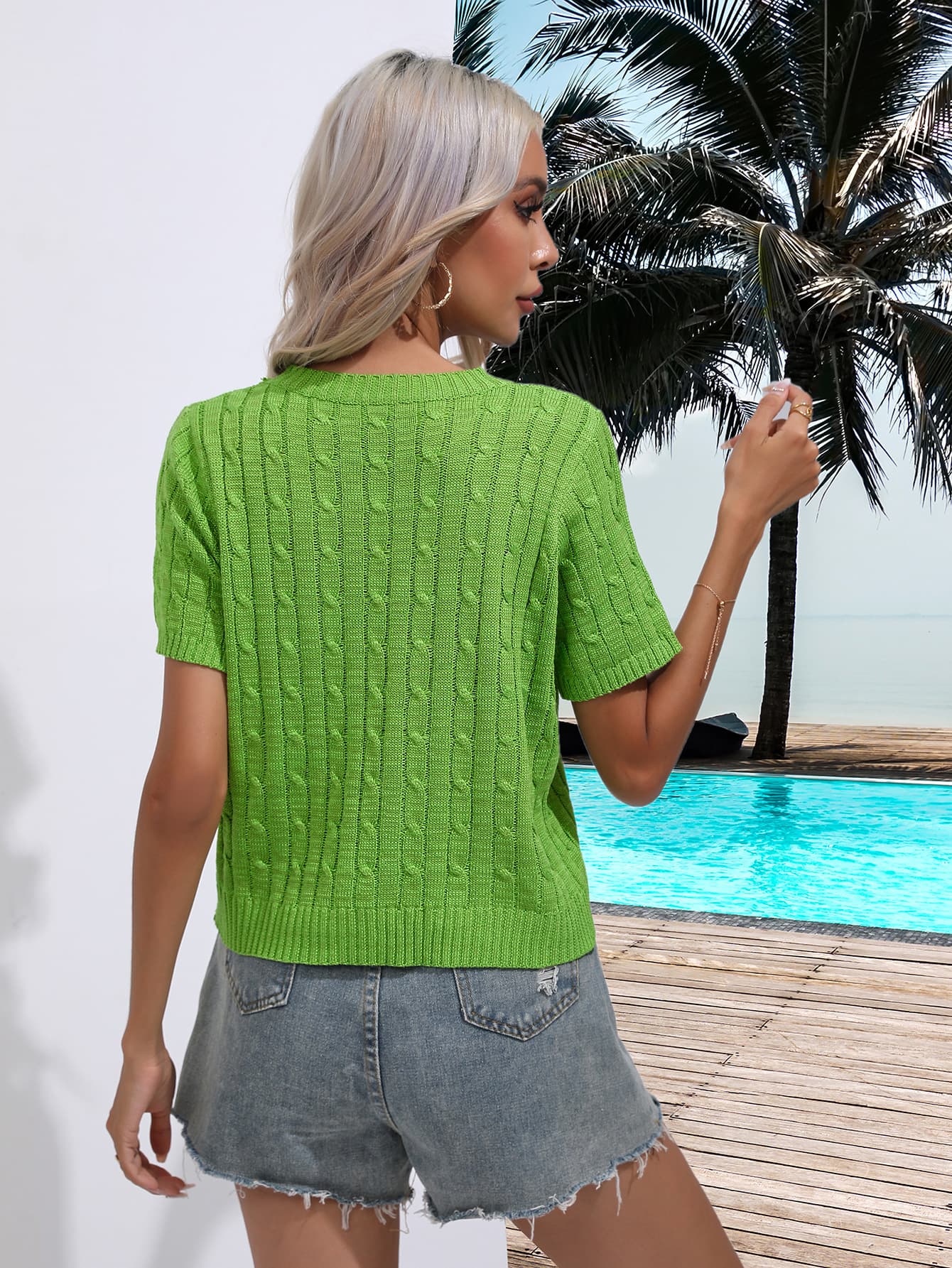 Cable-Knit Round Neck Short Sleeve Knit Top - Charming Charlie