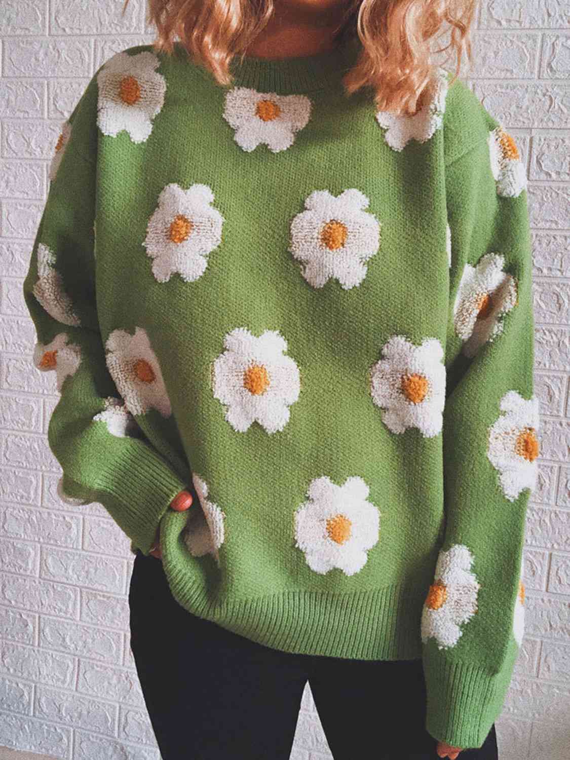 Flower Round Neck Long Sleeve Sweater - Charming Charlie