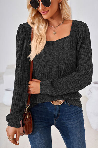 Ribbed Square Neck Long Sleeve T-Shirt - Charming Charlie
