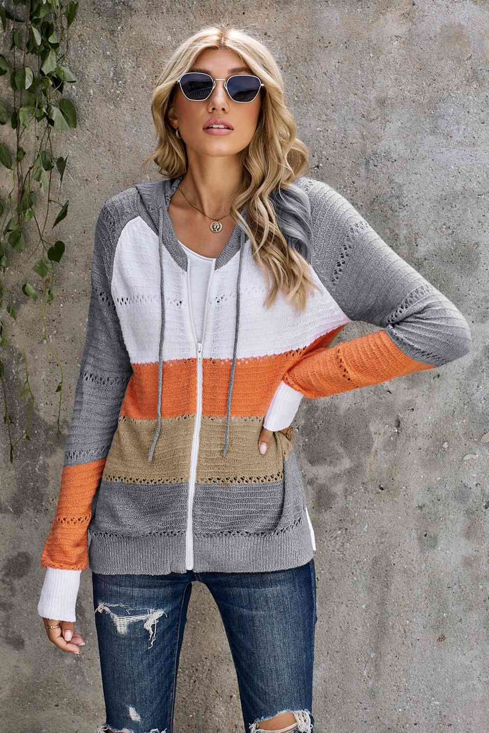 Zip-Up Raglan Sleeve Openwork Hooded Cardigan - Charming Charlie