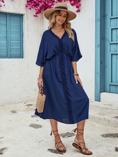Frill Slit V-Neck Three-Quarter Sleeve Dress - Charming Charlie
