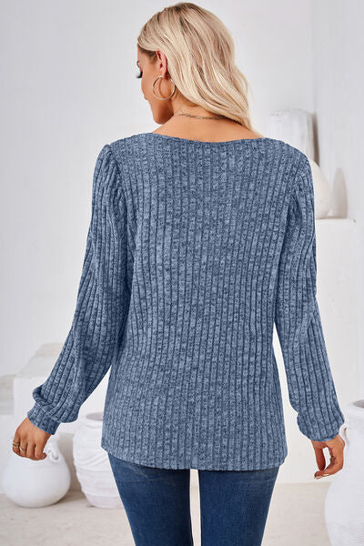 Ribbed Square Neck Long Sleeve T-Shirt - Charming Charlie