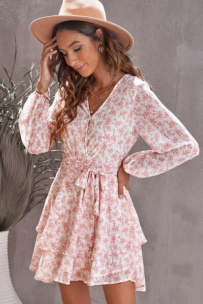Floral Surplice Balloon Sleeve Layered Dress - Charming Charlie