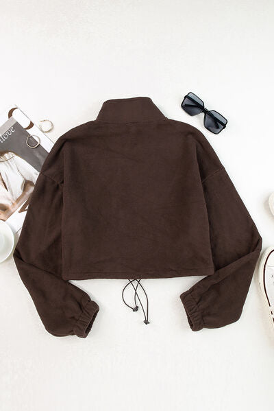 Drawstring Zip Up Dropped Shoulder Outerwear - Charming Charlie