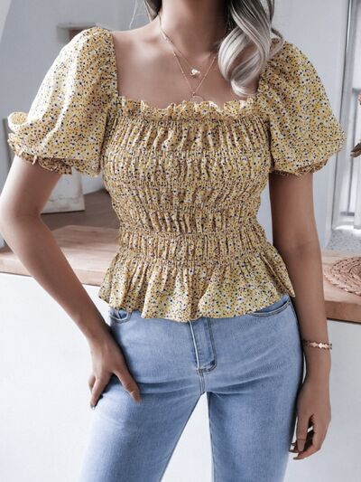 Frill Smocked Square Neck Short Sleeve Blouse - Charming Charlie