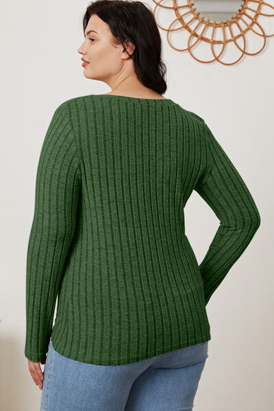 Basic Bae Full Size Ribbed V-Neck Long Sleeve T-Shirt - Charming Charlie