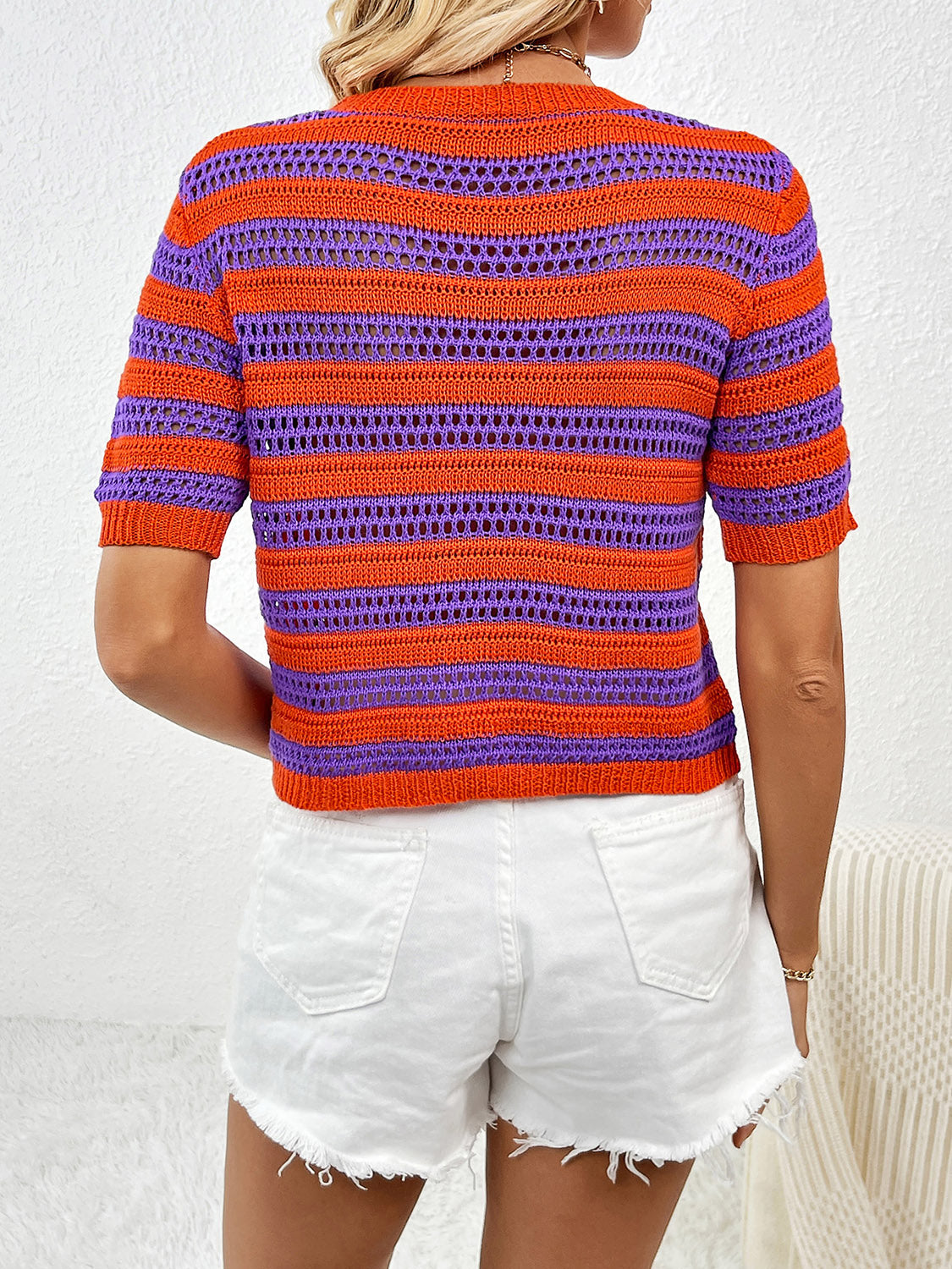 Openwork Striped Round Neck Short Sleeve Knit Top - Charming Charlie