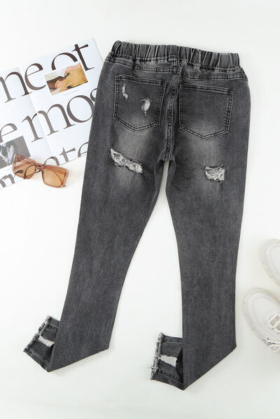 Drawstring Distressed Raw Hem Jeans with Pockets - Charming Charlie