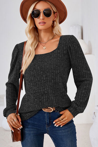 Ribbed Square Neck Long Sleeve T-Shirt - Charming Charlie