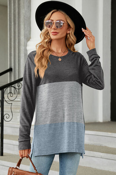 Color Block Round Neck Long Sleeve T-Shirt - Charming Charlie