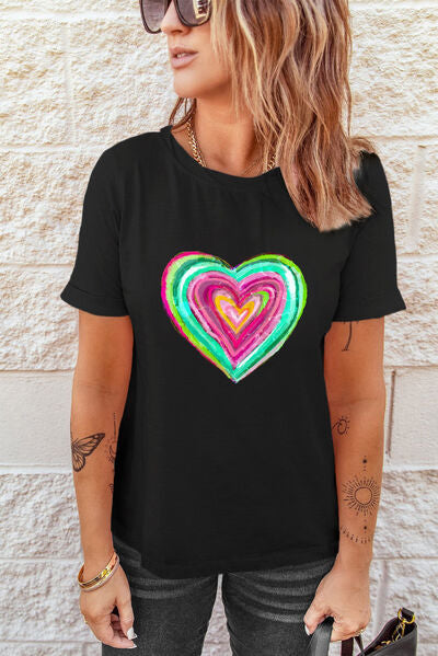 Heart Round Neck Short Sleeve T-Shirt - Charming Charlie