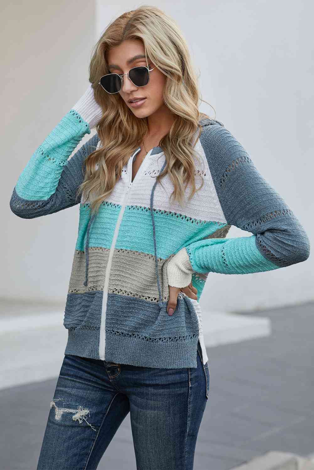 Zip-Up Raglan Sleeve Openwork Hooded Cardigan - Charming Charlie