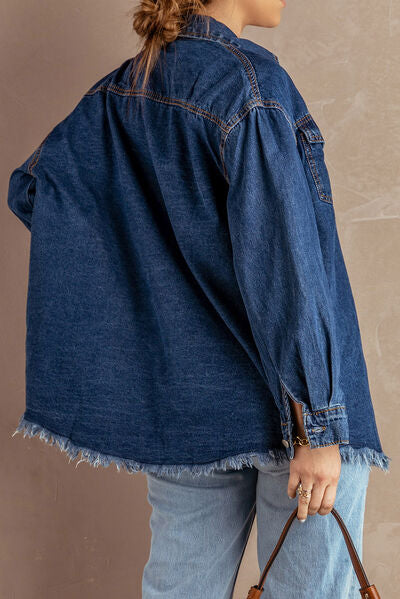 Button Up Pocketed Raw Hem Denim Jacket - Charming Charlie