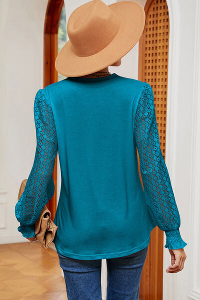Openwork V-Neck Long Sleeve T-Shirt - Charming Charlie