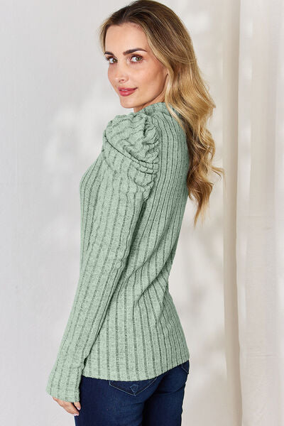 Basic Bae Full Size Ribbed Mock Neck Puff Sleeve T-Shirt - Charming Charlie