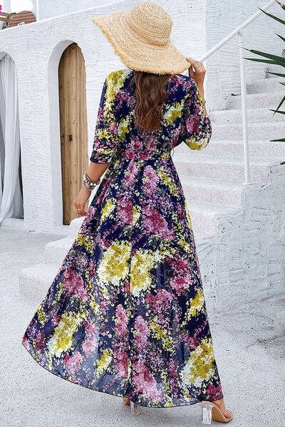 Printed Tied Half Sleeve Slit Dress - Charming Charlie