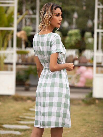 Smocked Plaid Round Neck Short Sleeve Dress - Charming Charlie