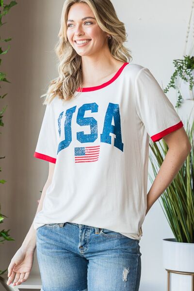 Heimish Full Size USA Contrast Trim Short Sleeve T-Shirt - Charming Charlie