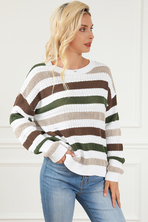 Striped Openwork Dropped Shoulder Sweater - Charming Charlie