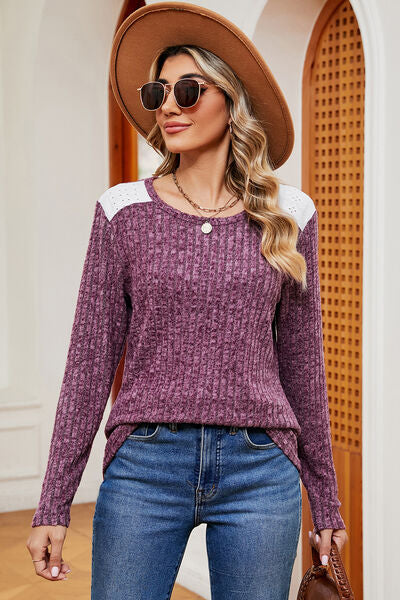 Eyelet Ribbed Round Neck Long Sleeve T-Shirt - Charming Charlie
