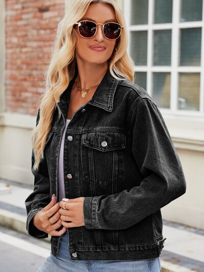 Pocketed Collared Neck Denim Jacket - Charming Charlie
