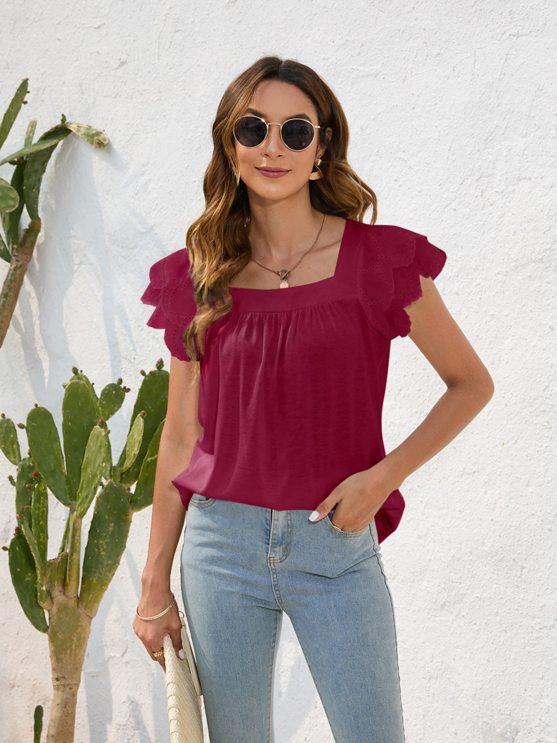 Ruffled Square Neck Cap Sleeve Blouse - Charming Charlie