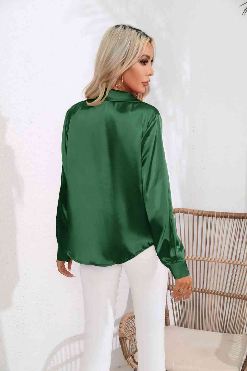 Lapel Collar Button Up Long Sleeve Shirt - Charming Charlie