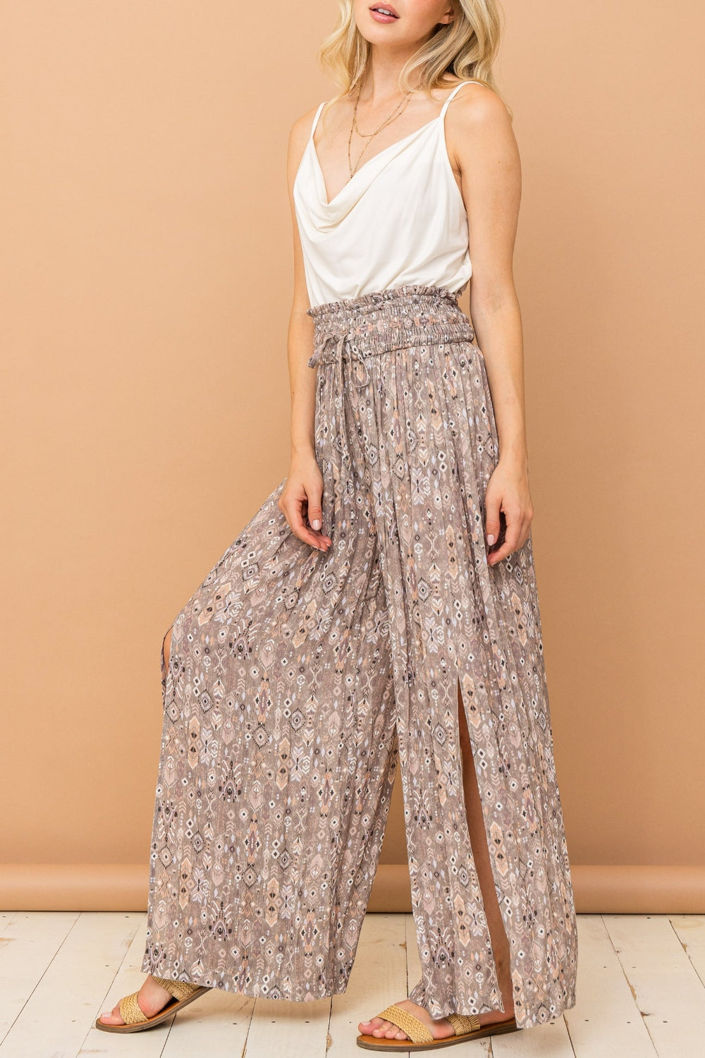 And The Why Printed Smocked Waist Slit Wide Leg Pants - Charming Charlie