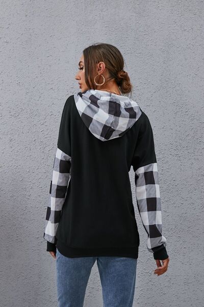 Plaid Drawstring Dropped Shoulder Hoodie - Charming Charlie