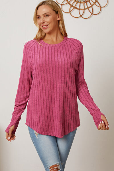 Basic Bae Full Size Ribbed Thumbhole Sleeve T-Shirt - Charming Charlie