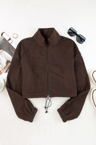 Drawstring Zip Up Dropped Shoulder Outerwear - Charming Charlie