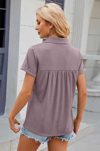 Ruched Johnny Collar Short Sleeve Blouse - Charming Charlie