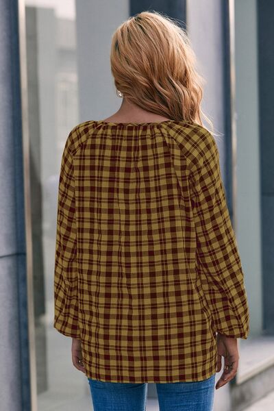 Plaid Tie Neck Balloon Sleeve Blouse - Charming Charlie
