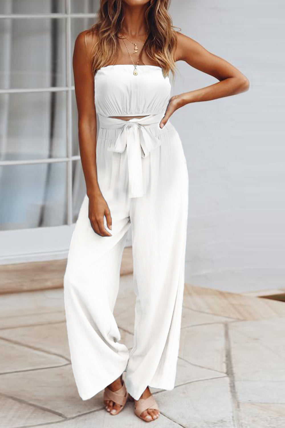 Tied Cutout Tube Wide Leg Jumpsuit - Charming Charlie